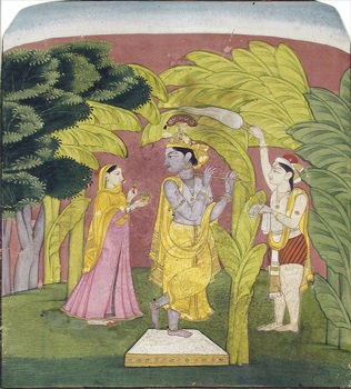 Krishna plays a flute beneath a banana tree