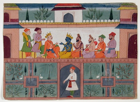 A king receives Krishna in his palace
